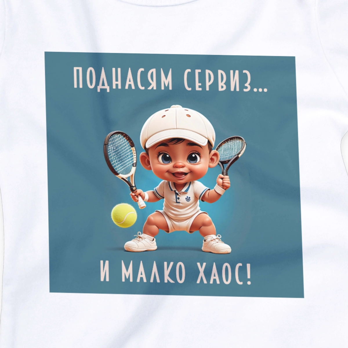 Бебешко боди с щампа на момченце с тенис ракети и надпис Поднасям сервиз и малко хаос